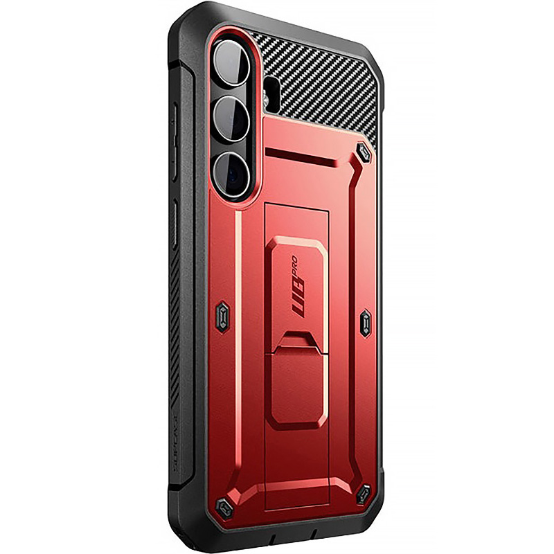 Etui pancerne z osłoną na ekran, z wbudowaną podstawką i kaburą z klipsem obrotowym Supcase Unicorn Beetle Pro do Galaxy S24, czerwone